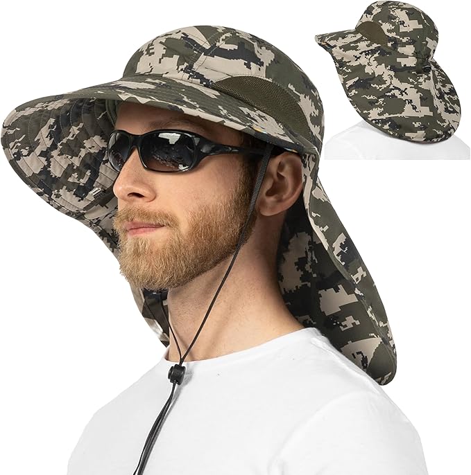 SUN CUBE Wide Brim Sun Hat with Neck Flap, UPF50+ Hiking Safari Fishing Hat for Men Women, Sun Protection Beach Hat