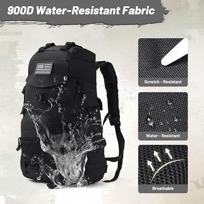 AUMENTAR 50L Tactical Backpack for Men and Women, Water-Resistant Molle Rucksack, Large Military Assault Pack for Hiking, Hunting, Camping, Gym & Outdoor Survival Black