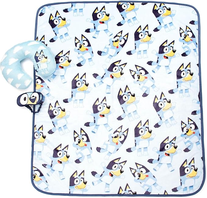 Jay Franco Bluey Kids Travel Set - 3 Piece Set Includes 40 x 50 Throw Blanket, Eye Mask, and Neck Pillow - Super Soft & Cozy Travel Accessories