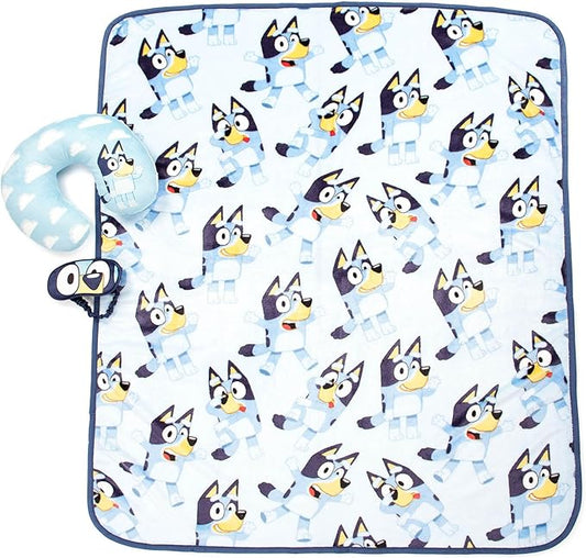 Jay Franco Bluey Kids Travel Set - 3 Piece Set Includes 40 x 50 Throw Blanket, Eye Mask, and Neck Pillow - Super Soft & Cozy Travel Accessories