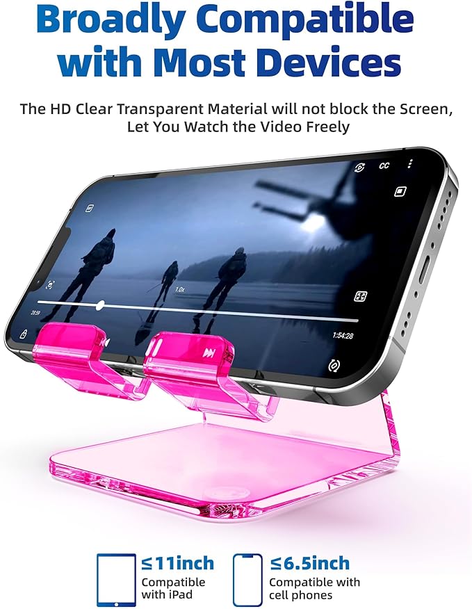 TOPGO Acrylic Cell Phone Stand, Clear Phone Holder for Office Desk, Vanity, Kitchen Counter, Bedside Table, Compatible with iPhone 17 16 15 14 13 12 11 Pro Max Plus/Smartphones/iPad/Switch - Rose Red