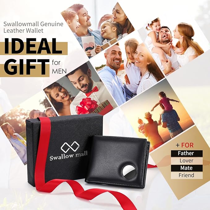 Swallowmall AirTag Wallet Mens RFID Blocking Genuine Leather Bifold Men's Wallet For air tag with 1 ID Window 13 Card Holders Black(Airtag Not included)