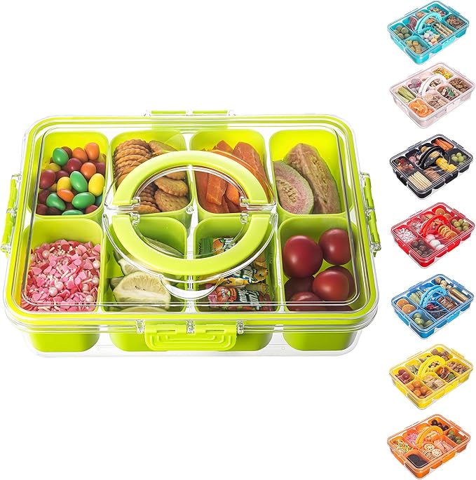 Divided Serving Tray with Lid and Handle - Snackle Box Charcuterie Container for Portable Snack Platters Organizer for Candy, Fruits, Nuts, Snacks - Perfect for Party, Entertaining, Green