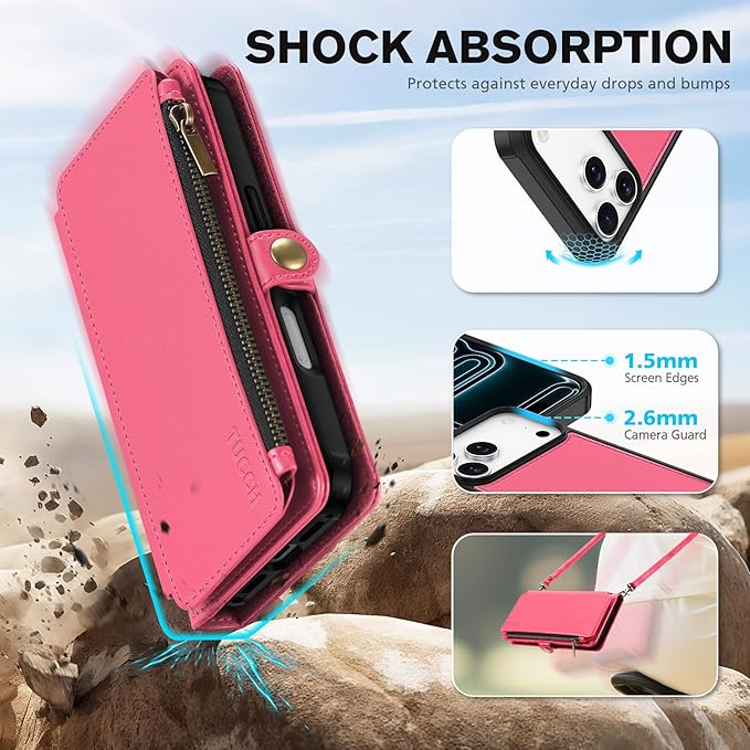 TUCCH Detachable Crossbody Case Wallet for iPhone 17 Pro Max 6.9", Wireless Charging | RFID Blocking 10 Card Holder | Lanyard Wrist Strap | Stand | Zipper Pocket | PU Leather Magnetic Cover | Hot Pink