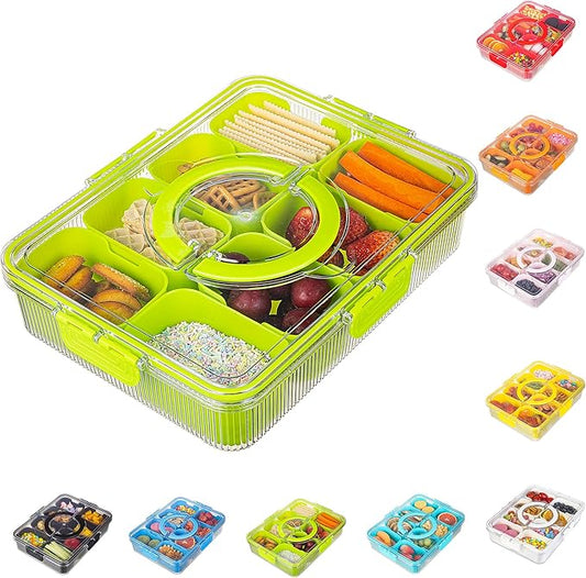 Patent Design Ribbed Snackle Box Container Divided Serving Tray with Lid and Handle -Charcuterie Container Portable Storage Organizer for Candy, Fruit, Beach, Picnics（1 pcs, Green）