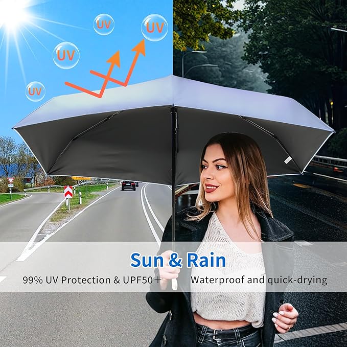Compact Mini Windproof Travel Umbrella-UPF 50+ Sun & Rain Protection, Small Folding Design Fits in Pocket or Purse, Lightweight Portable with Case for Women, Men & Kids
