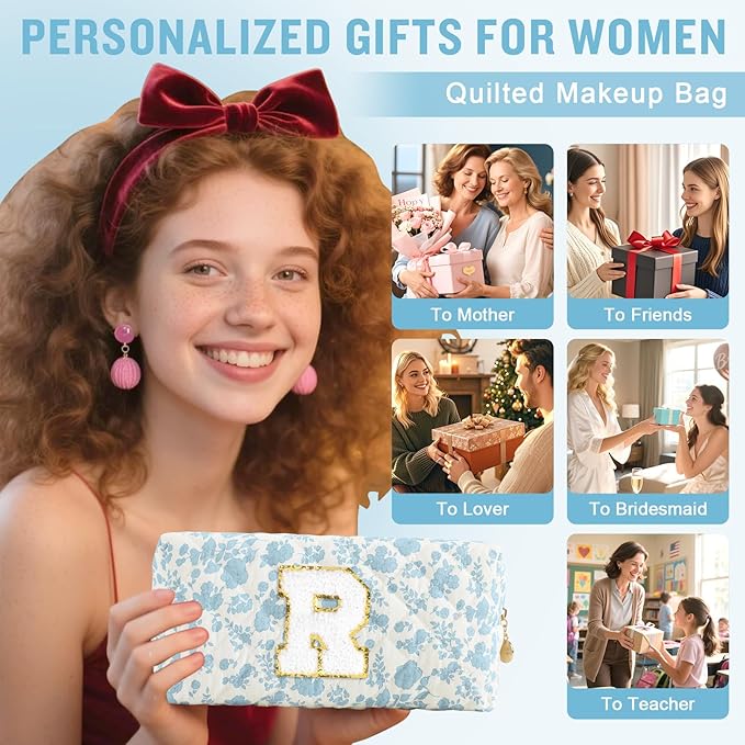 Personalized Quilted Cosmetic Bag, Puffy Monogrammed Christmas Birthday Gifts for Women & Girls, Cute initial Floral Makeup Bag Puffer Coquette Bag, Aesthetic Travel Toiletry Zipper Pouch(Blue,R)