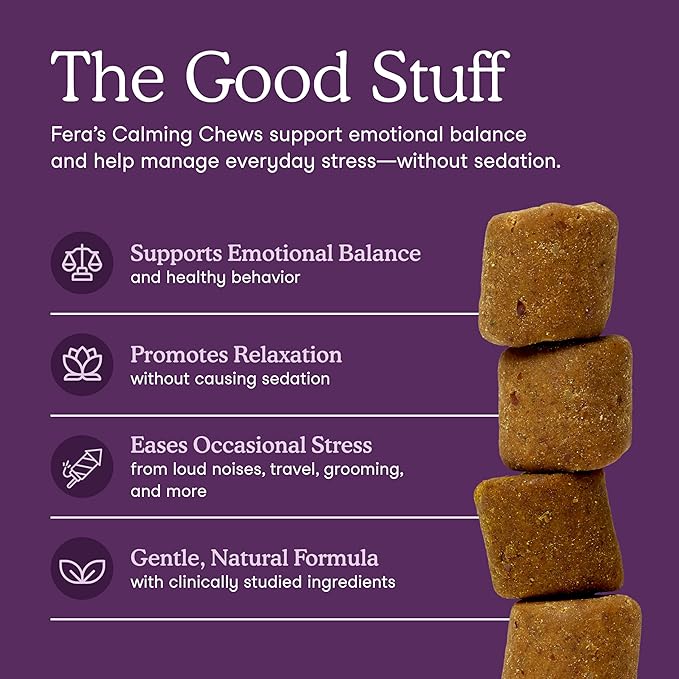 Fera Pets Dog Calming Chews - Anxiety Relief Support - Promotes Relaxation - Ashwagandha & Priome® Mental Wellbeing Postbiotic Blend - 30 Soft Chews