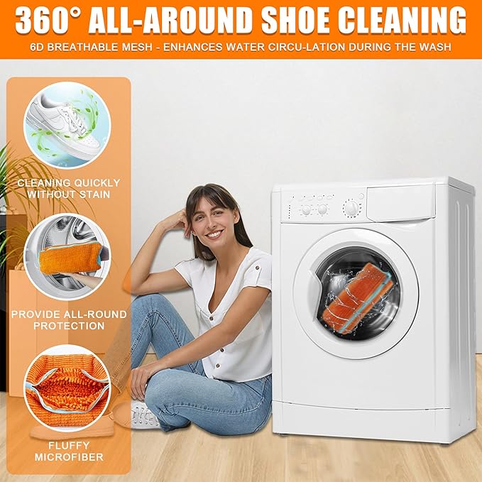 XXL Shoe Washing Machine Bag - 2-Pack Reusable Shoes Cleaning Bags, 360° Deep Clean for Sneakers, Tennis Shoes, and Slippers, Includes 2 Shoe Storage Dust Bags (Orange)