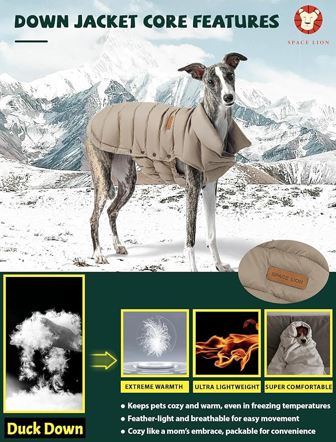 SPACE LION Dog Puffer Jacket, Down Winter Coat, Durable Outdoor Coat for Cold and Windy Conditions, Lightweight & Adjustable Fit Coats for Large Dogs, (Camel, Size24/2XL)