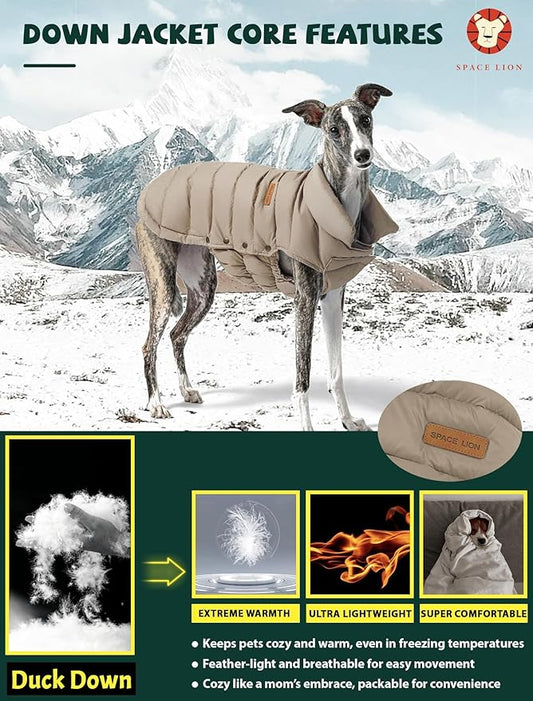 SPACE LION Dog Puffer Jacket, Down Winter Coat, Durable Outdoor Coat for Cold and Windy Conditions, Lightweight & Adjustable Fit Coats for Large Dogs, (Camel, Size24/2XL)