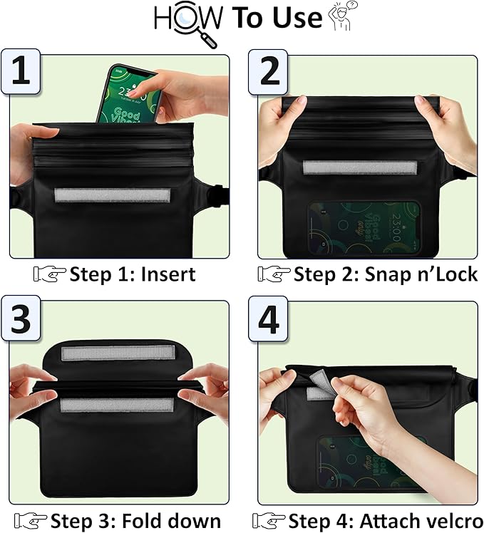 2-Pack Waterproof Fanny Pack, Phone Pouch with Waist Strap, 9x6.7 Inch Dry Bag for Phone, Cash, and Valuables – for Swimming, Kayaking, Boating, Snorkeling, and Water Sports (2, Black + Black)