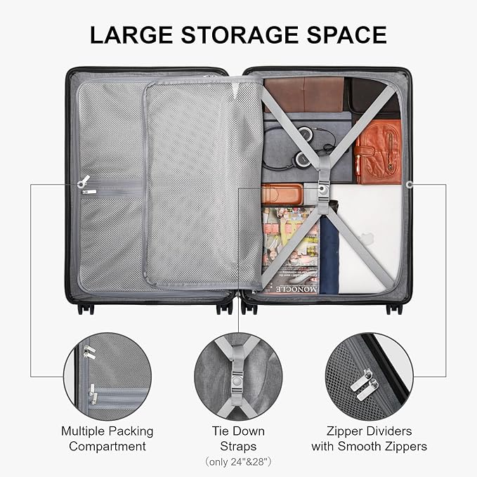 LEVEL8 Elegance Matte Luggage Set, 20 Inch Carry-on Luggage, 24&28 Large Suitcase Lightweight Hardside Suitcases with Wheels,Tsa Lock,3-Piece Set(20/24/28), Black