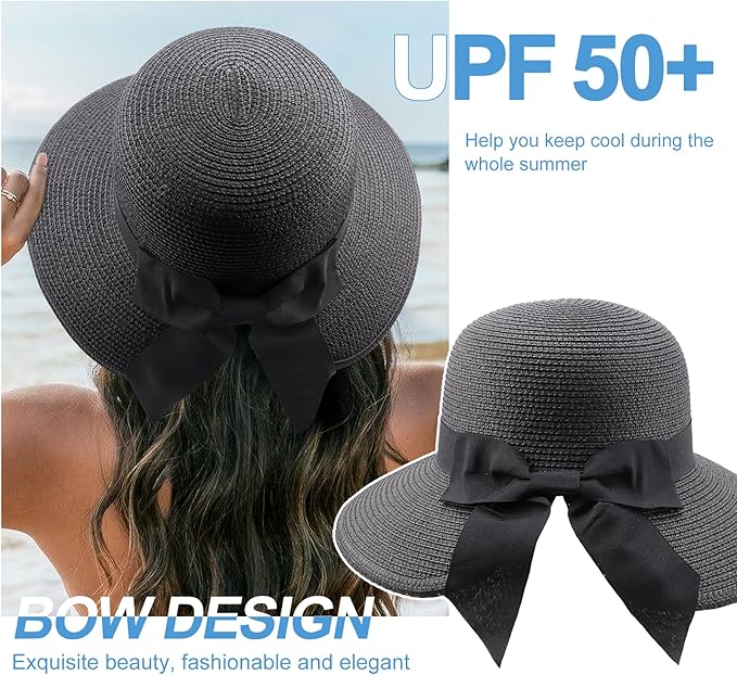 DRESHOW Sun Hats for Women Travel Fedora Foldable Beach Sun Hat Summer Wide Brim Straw Bucket Hat with Bowknot UPF 50+