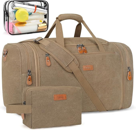Canvas Mens Duffle Bag for Travel - Expandable 50L Weekender Bags with Toiletry Bag, Overnight Bag Travel Duffel Carry On Luggage with Removable Shoulder Strap, Durable & Water-Resistant