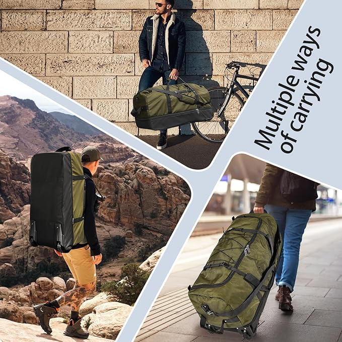 110L Expandable to 140L 32” Foldable Oxford Soft-Sided Rolling Duffle Bag with 2 Heavy-Duty Wheels,3 Large Compartments,Adjustable Shoulder Strap and Attached Organizer Pouch,Green