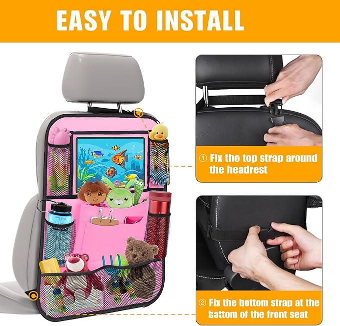 Car Backseat Organizer with 11" Table Holder, 10 Storage Pockets Seat Back Protectors Kick Mats for Kids Toddlers, Travel Accessories, 2 Pack, Pink