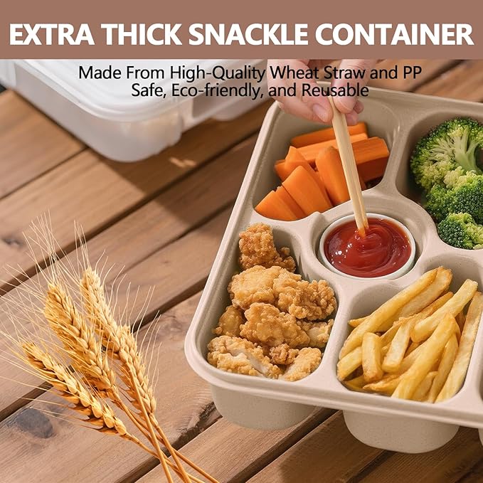 Dishwasher Safe Snackle Box Container, Snack Divided Serving Tray with Lid, Portable Snack Organizer with Date Marker, 2 Dressing Containers, Fork and Spoon, White