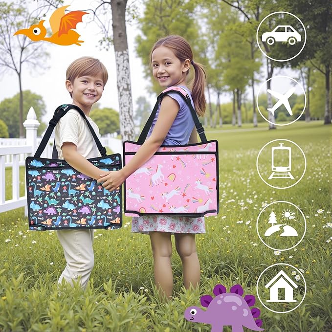 COOLBEBE Kids Travel Tray for Toddler Car Seat, 2PCS Travel Tray for Airplane, Toddler Car Seat Lap Tray, Carseat Table Tray for Kids Travel Activities(Dinosaur & Pink Unicorn)