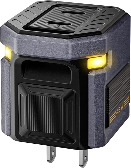 45W GaN Dual-USB-C Fast Charger - Cyberpunk Mecha Style with Touch-Activated Eye Light, Foldable Plug for iPhone 17/16, iPad Pro, Galaxy S25, Travel-Ready & Christmas/New Year Premium Gift