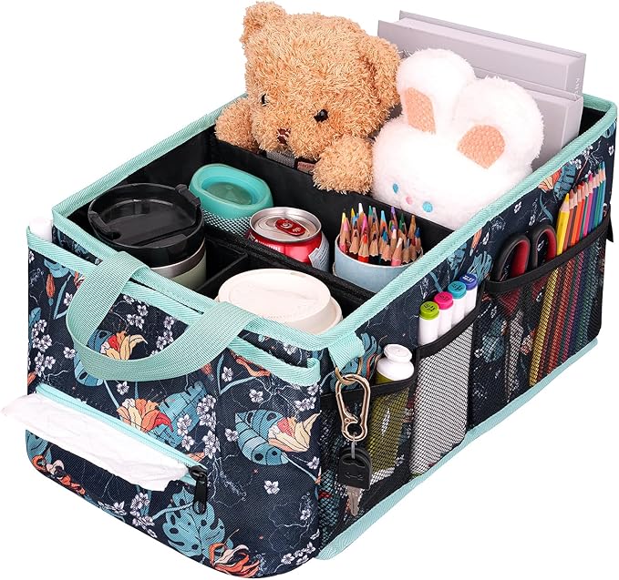 HEYSKAY Car Seat Organizer-Passenger Seat Organizer, Collapsible Small Car Seat Organizer for Console Front/Back, Car Caddy with 4pc Drink Holders Automotive Backseat Organizer for Kids