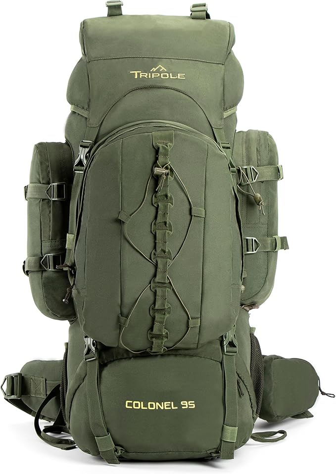 Tripole Colonel 95 Litres Internal Frame Rucksack + Detachable Day Pack, Rain Cover, Army Green