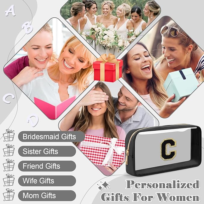 Personalized Initial Letter Clear Makeup Bag,Preppy Small Nylon&PVC Cosmetic Zipper Bag with Chenille Letter,Travel Skincare Toiletry Bag,Monogram Christmas Gift for Teen Girls Women,C