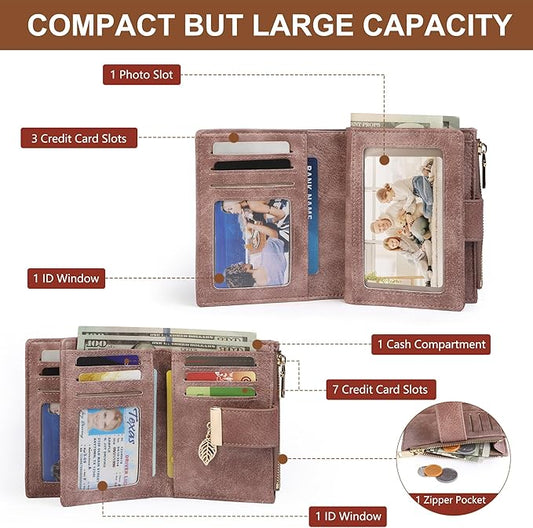 yiijay Small Wallet Women RFID Blocking Leather Bifold Wallet Credit Card Holder for Women Ladies Compact Wallet Mini Purse With Zipper Pocket