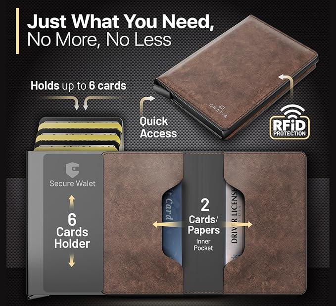 GRATIA Slim Wallet for Men - RFID Blocking, Minimalist Credit Card Holder, Stylish Men Wallet for Security & Convenience, Front & Back Pocket Cardholder, Holds 8 Cards (Brown)