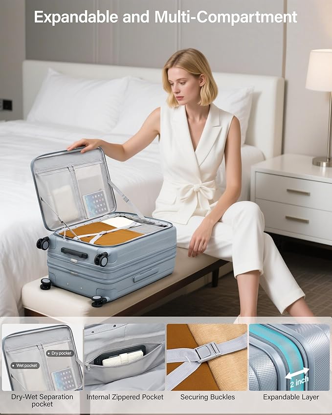 Hanke 26 Inch Expandable Luggage Top Opening Checked Bag Luggage Hard Shell Suitcases with Wheels Lightweight Travel Luggage Heavy Duty Luggage Suitcase with Lock for Woman Men-Grey