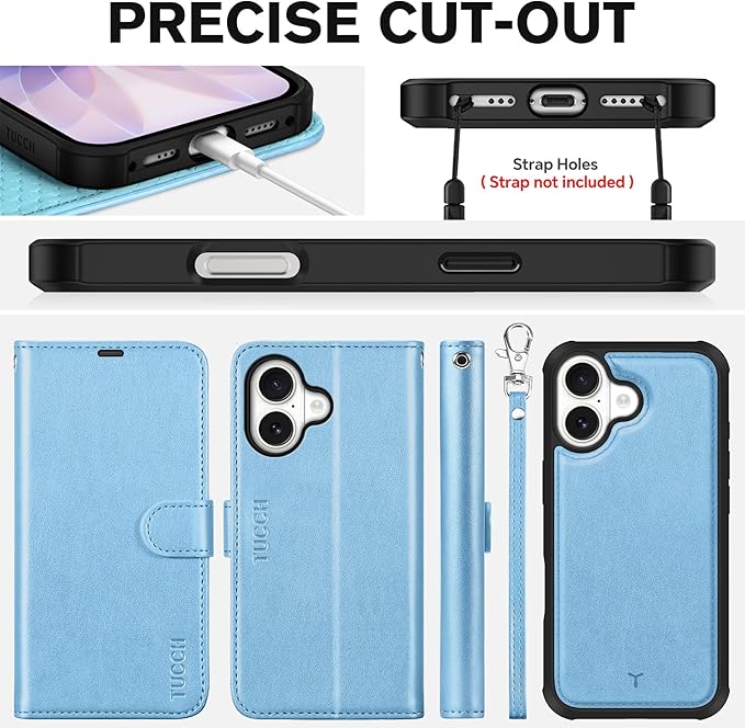 TUCCH Removable Case Wallet for iPhone 17 (6.3") 2025, Detachable Wrist Strap, Wireless Charging, Stand, 4 Card Holders RFID Blocking, 2-in-1 Magnetic, PU Leather Shockproof Cover, Pearly Light Blue