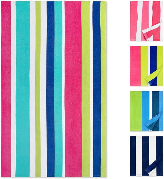cabanana Large Beach Towel Oversized - Cotton Velour 35 x 70 Inch Rainbow Striped Terry Pool Towel, Cabana Soft Swimming Towel for Adults Women Men (Rainbow Pink)