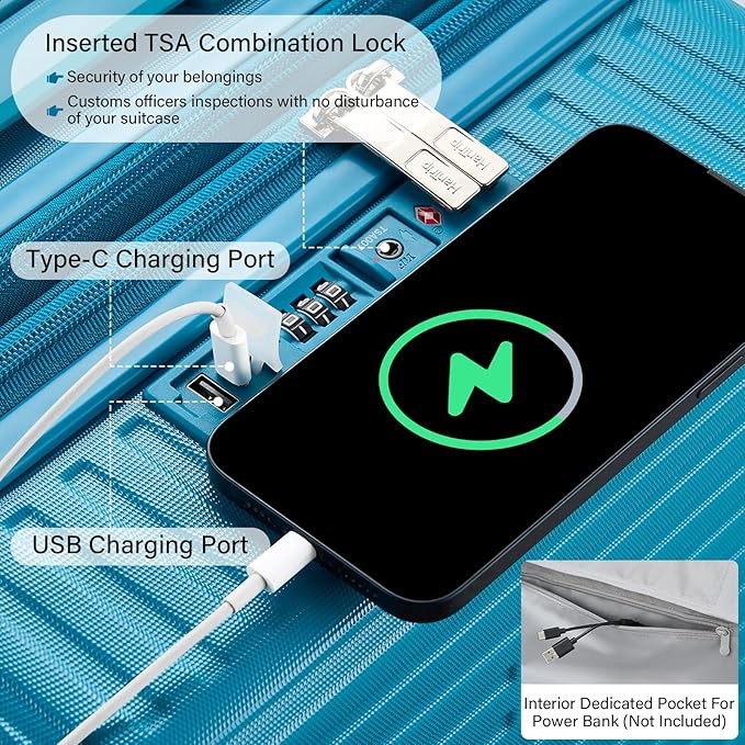 Hard Shell Suitcases Expandable Travel Luggage Sets 2 Piece, Carry on and Check in Luggage Lightweight Suitcase Set 2 Piece with Wheels Cup Holder Charger Built in (Caribbean Blue, 20/28)