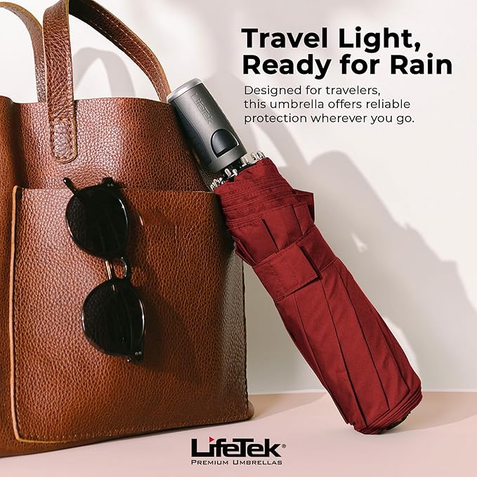 LifeTek Premium Travel Umbrella - Windproof & Compact for Men & Women, Automatic Open Close, Fits in Purse Laptop Bag or Backpack, Strong Frame for Heavy Rain & Sun UV Protection