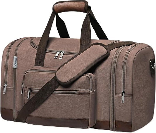 Wolhbege Duffle Bag for Travel,Mens Travel Bag & Carry On Bag for Men with Expandable Design and Luggage Sleeve –Duffel Bag for Gym, Weekender, Overnight Trips Brown