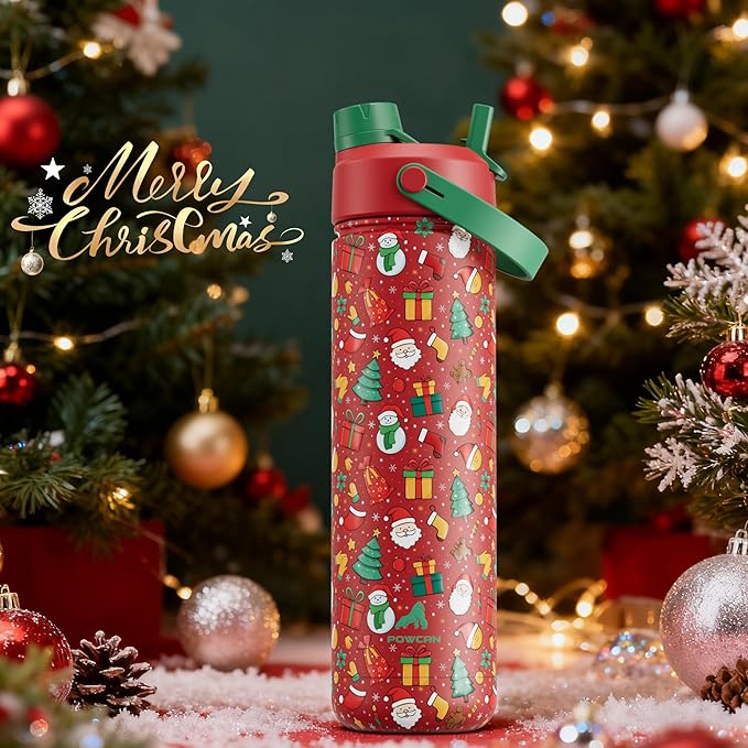 26 oz Christmas Insulated Water Bottle with 2-in-1 Straw and Spout Lid, Keep Cold 24H, Leak-Proof, Fits in Car Cup Holder, Stainless Steel Water Bottle for Gift, Party, Holiday (Santa's Jolly Crew)