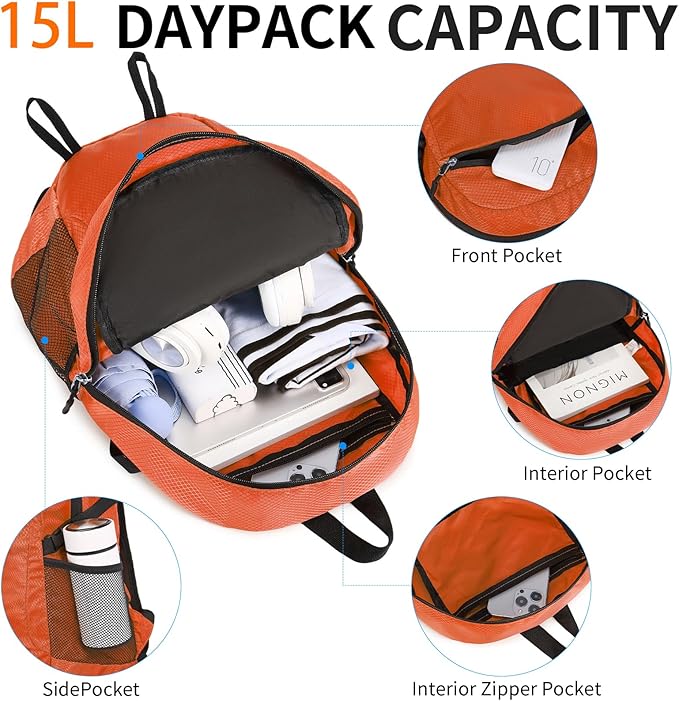 Small Hiking Backpack 15L Travel Lightweight Hiking Packable Daypack Water-Resistant Foldable Backpacks for Women Men Camping (Orange)