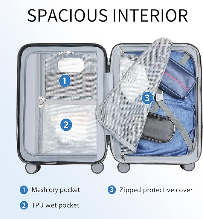 KROSER Hardside Expandable Carry On Luggage with Spinner Wheels & Built-in TSA Lock, Durable Suitcase Rolling Luggage with USB Port, Carry-On 20-Inch Steel Grey