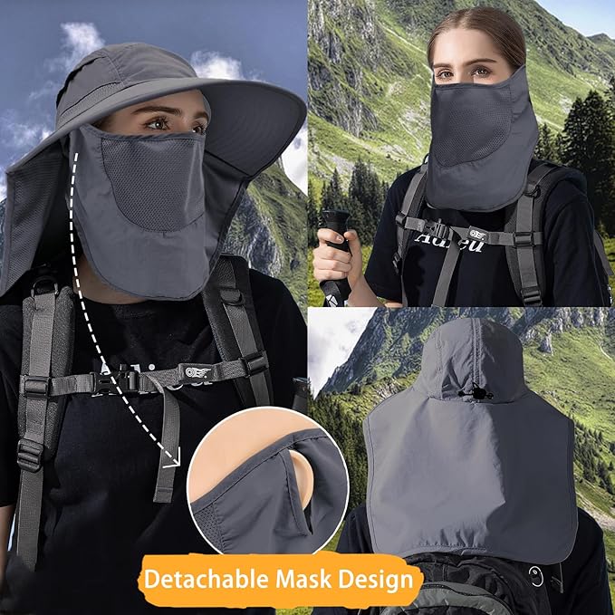Sun Hats for Men Women Detachable Face Cover Wide Brim Fishing Hats with Neck Flap UPF 50+ Outdoor Safari Hats