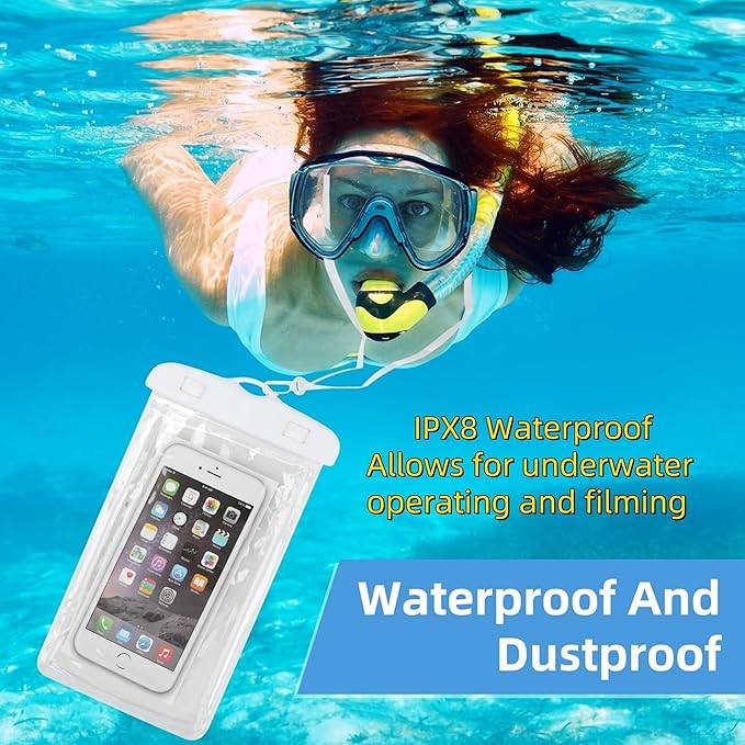 Waterproof Phone Case Small Pouch Beach Dry Bag with Cell Phone Hook Lanyard, Water Proof Phone Protector Gasbag Pouch, Underwater Snorkeling and Swimming Phone Airbag Clear Case (White)