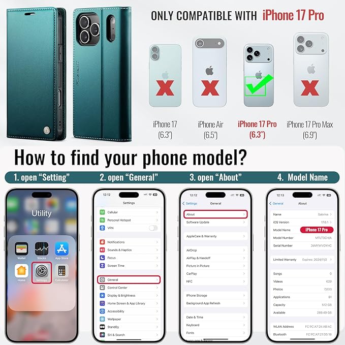 PlusnapX Wallet Case for iPhone 17 Pro Compatible with Magsafe, 2-in-1 PU Leather Flip RFID Blocking Card Holder Stand Shockproof Magnetic Detachable Cover for iPhone 17 Pro Case 6.3", Bluegreen