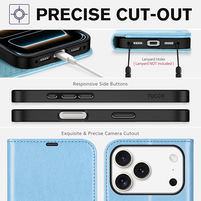 TUCCH Case Wallet for iPhone 17 Pro (6.3-Inch) 2025, RFID Blocking 4 Card Slots, Kickstand, Magnetic Closure, PU Leather, Shockproof TPU Shell, Protective Flip Cover, Pearly Light Blue