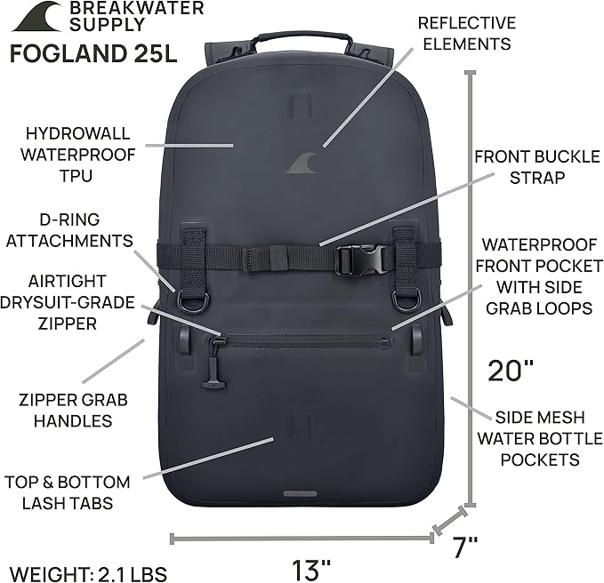 Breakwater Supply™ Waterproof IP68 Submersible Backpack with Airtight Zippers | Laptop Travel Outdoors | Fogland 25L 20L 15L