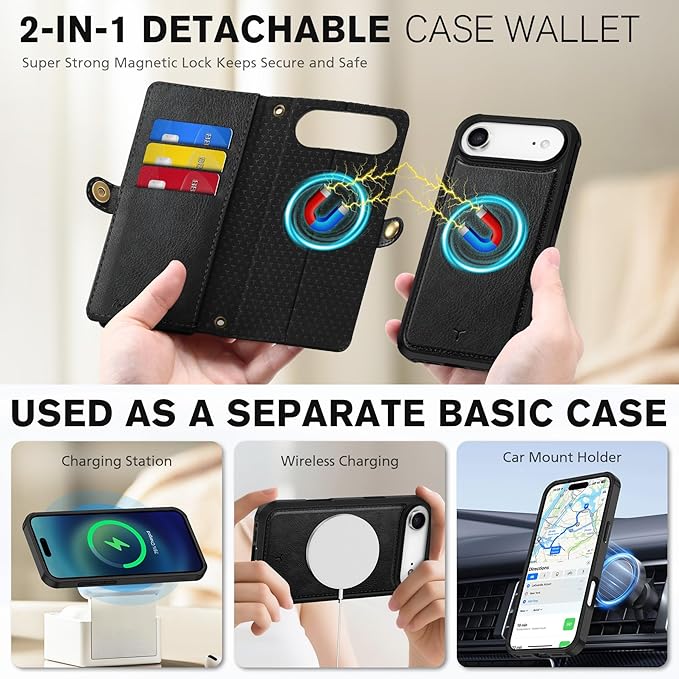 TUCCH Removable Crossbody Case Wallet for iPhone Air 2025, 9 Card Slot RFID Blocking, Stand, Lanyard, Wrist Strap, Wireless Charging, Zipper Pocket, PU Leather, Magnetic Flip Cover, Textured Black