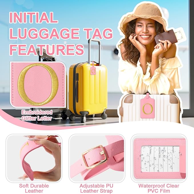 Personalized Initial Luggage Tags for Suitcase, Pink Leather Cute Luggage Tags with Privacy Cover Name Card, Embroidered Custom Monogrammed Luggage Tag Travel Bag Baggage Tags Gifts for Women Kids(O)