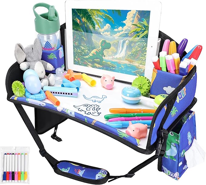 WENRENER Kids Travel Tray for Airplane - Toddler Car Seat Table Tray, Road Trip Essentials for Boys & Girls, Carseat Lap Desk for Kids Road Trip Activities,Blue Dinosaur