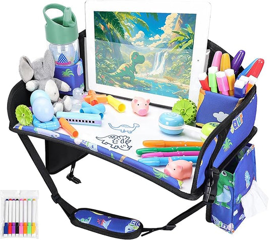 WENRENER Kids Travel Tray for Airplane - Toddler Car Seat Table Tray, Road Trip Essentials for Boys & Girls, Carseat Lap Desk for Kids Road Trip Activities,Blue Dinosaur