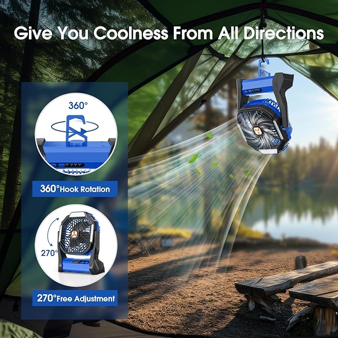 Portable Fan Rechargeable, 20000mAh Cordless Battery Powered Camping Tent Fans with SOS & LED Lantern, Small USB C Operated Outdoor Ventilador for Travel Camp Fishing Picnic Beach Home Essentials