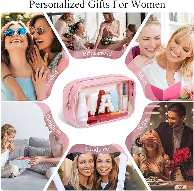 YOOLIFE Travel Clear Makeup Bag Toiletry Bag, Make up Bag Waterproof Toiletry Bags for Women Cosmetic Bag Preppy Stuff Birthday Gifts for Women Personalized Pink Mother Girlfriend Wife Gifts Letter O