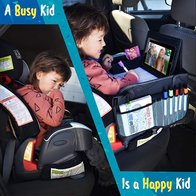 3 PK - Kids Car Seat Activity Tray | Inspire Active Toddlers & Big Kids for Years! Dry-Erase White Board & Eating Snack Travel Tray with No-Drop Tablet iPad Holder Stand & Art Supplies Storage Pocket